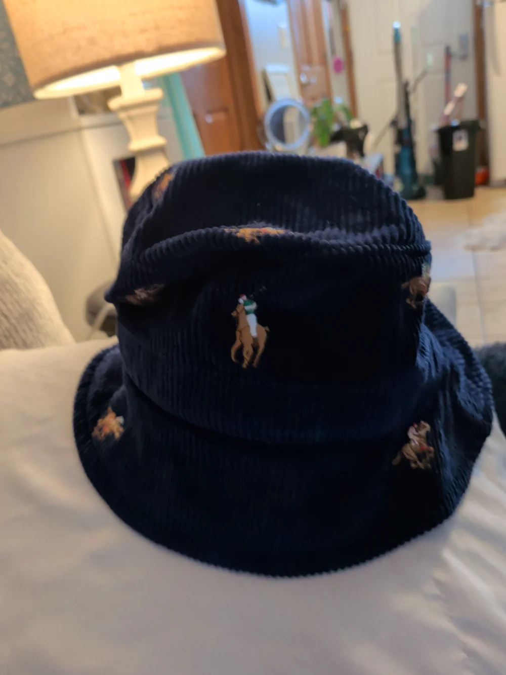 Ralph Lauren Navy Corduroy Bucket Hat with Embroidered Polo Players